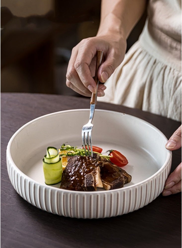 Set of 2 Ribbed Ceramic Deep Plates 8 Inch Matte White Shallow Bowls with Vertical Texture 1000ml Capacity Dishwasher & Microwave Safe Ideal for Pasta Salad and Modern Farmhouse Kitchen Tableware - Image 4